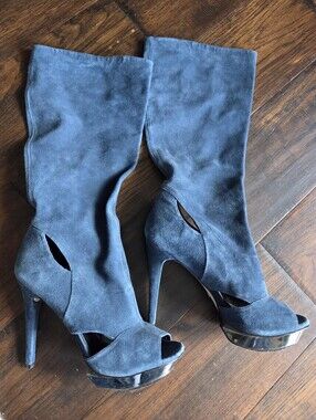Velvet Angels Delano Calf-high Suede Open-Toe Stiletto Heel Boots Blue Sz 40/9.5